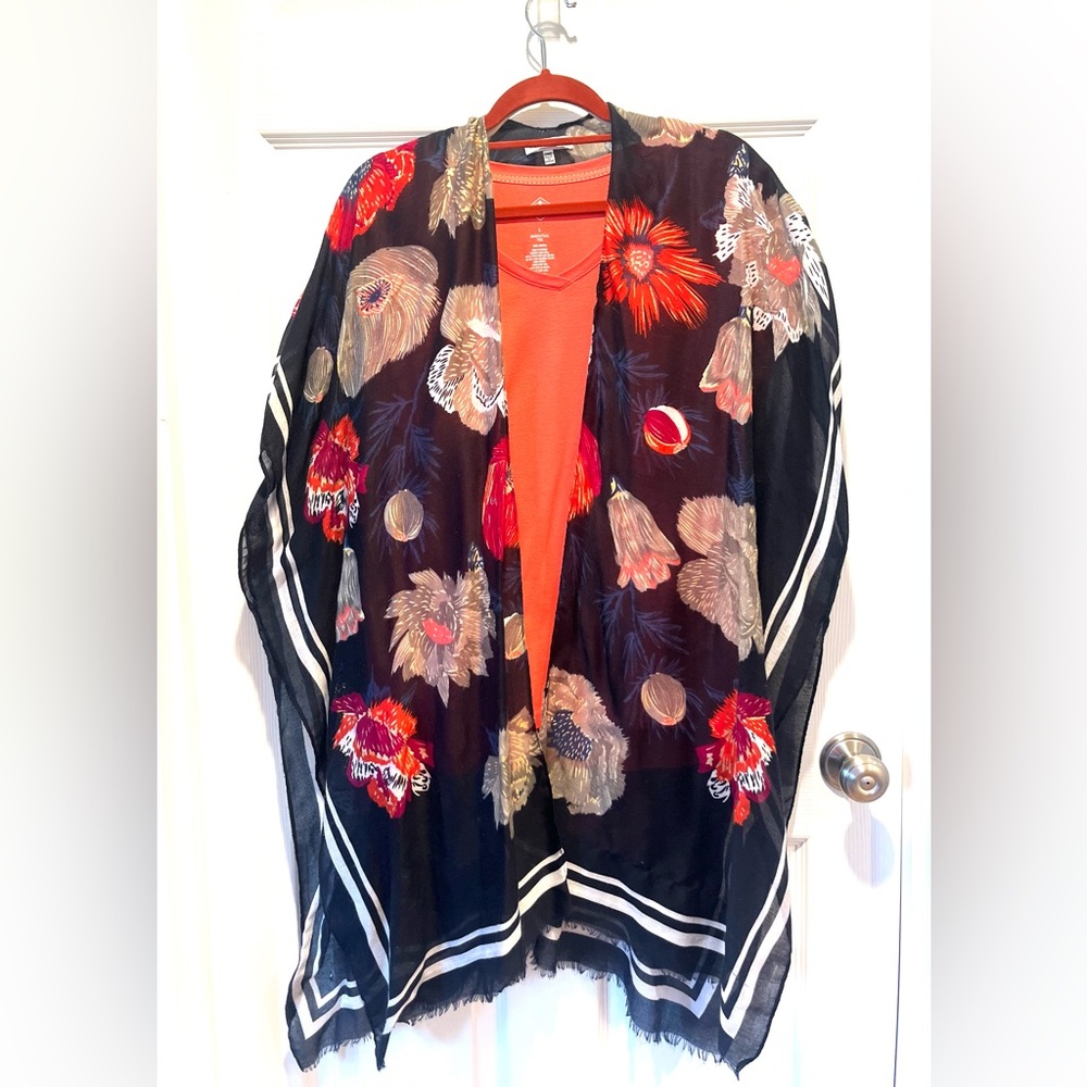 Floral Black Sheer Kimono with Red & Coral Accents
